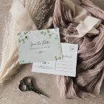 Gold Confetti Eucalyptus Horizontal Save the Date  Postcard<br><div class="desc">This gold confetti eucalyptus horizontal save the date postcard is perfect for a rustic wedding. The design features watercolor eucalyptus green foliage with gold confetti.</div>