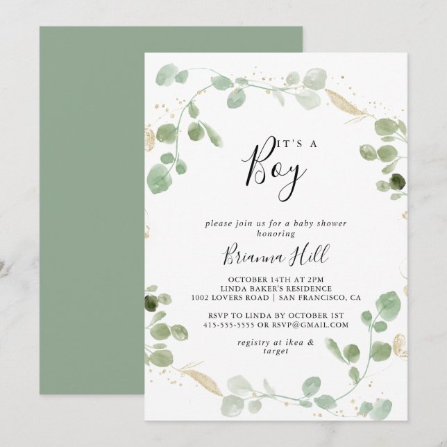 Gold Confetti Eucalyptus It's A Boy Baby Shower  Invitation (Front/Back)