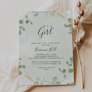 Gold Confetti Eucalyptus It's A Girl Baby Shower  Invitation