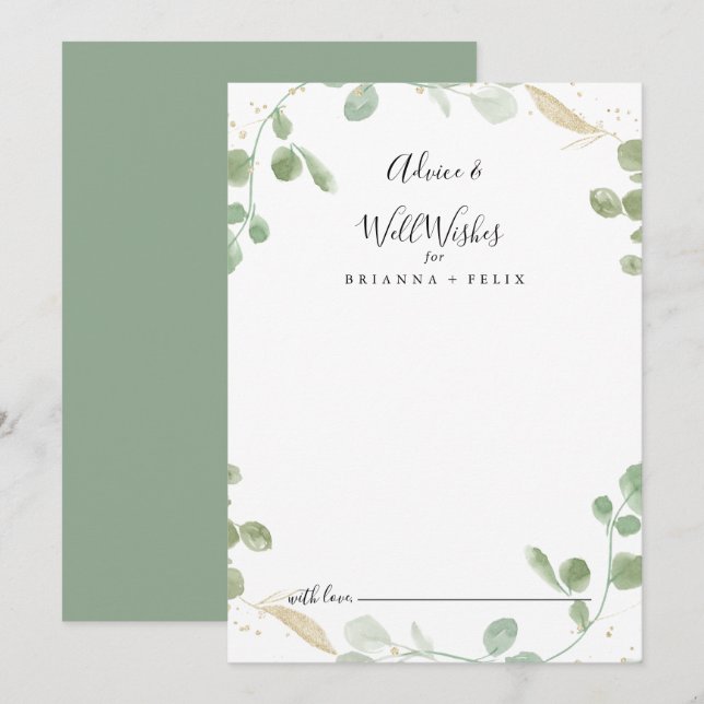 Gold Confetti Eucalyptus Wedding Well Wishes  Advice Card (Front/Back)