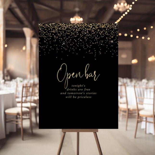 Gold Confetti Fancy Script Wedding Open Bar Sign (Creator Uploaded)