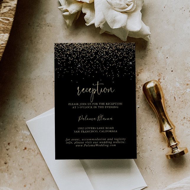 Gold Confetti Fancy Script Wedding Reception  Enclosure Card (Creator Uploaded)