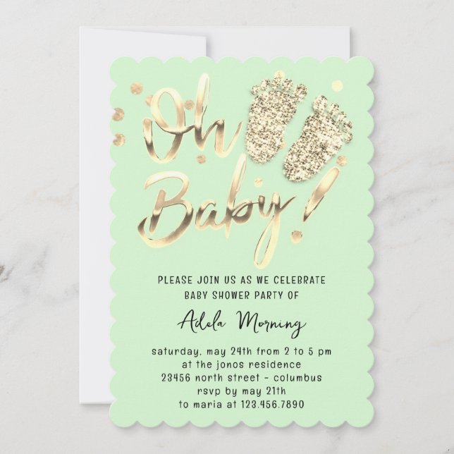 Gold Confetti Feet Baby Girl Boy Shower Mint Green Invitation (Front)
