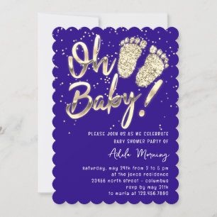Gold Confetti Feet Baby Shower Script Blue Invitation