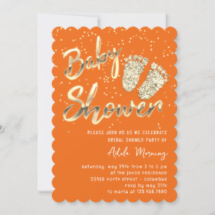 Gold Confetti Feet Baby Shower Script Orange  Invitation