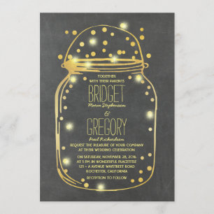 Gold Confetti Fireflies Mason Jar Wedding Invitation