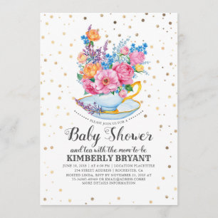 Gold Confetti   Floral Baby Shower Tea Party Invitation