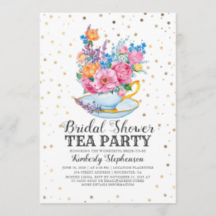 Gold Confetti   Floral Bridal Shower Tea Party Invitation