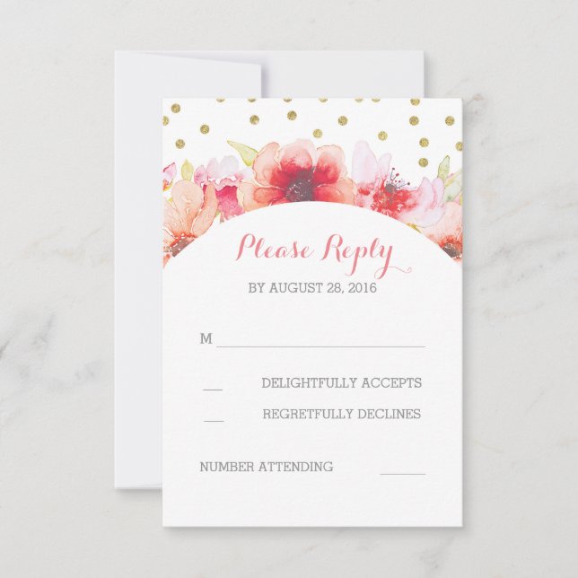 Gold Confetti Floral Watercolor Blush Pink RSVP Card (Front)