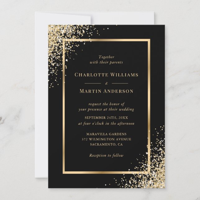 Gold Confetti Frame Elegant Modern Black Wedding Invitation (Front)