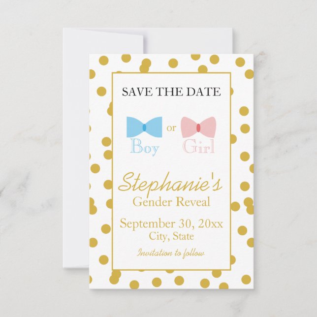 Gold Confetti Gender Reveal Bow and Bow Tie Save The Date (Front)