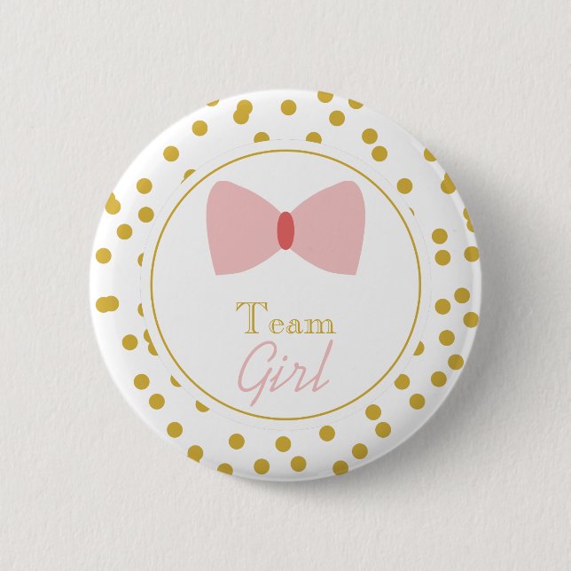 Gold Confetti Gender Reveal Bow Team Girl 6 Cm Round Badge (Front)