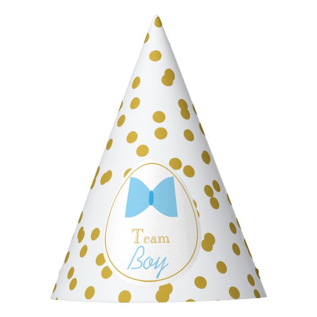 Gold Confetti Gender Reveal Bow Tie Team Boy Party Hat (Front)