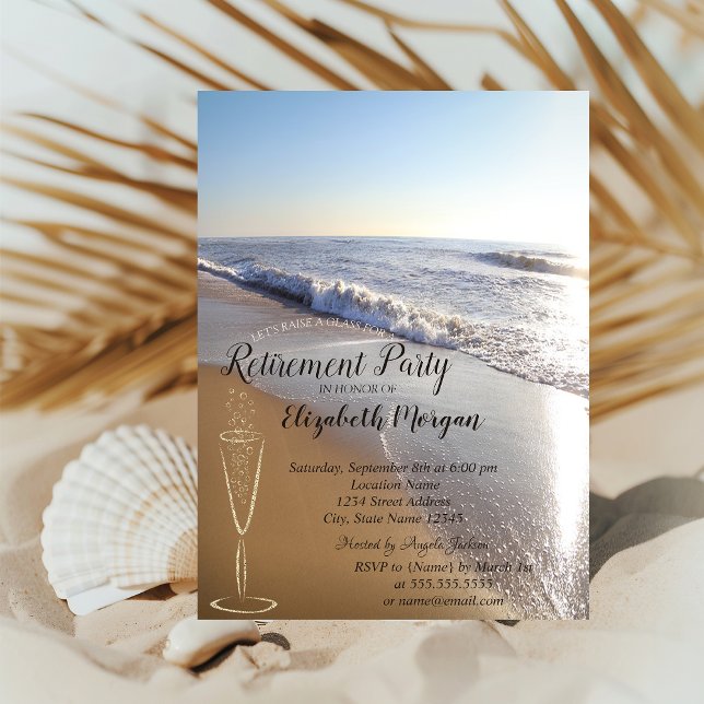 Gold Confetti Glass Tropical Beach Retirement Invitation (Creator Uploaded)