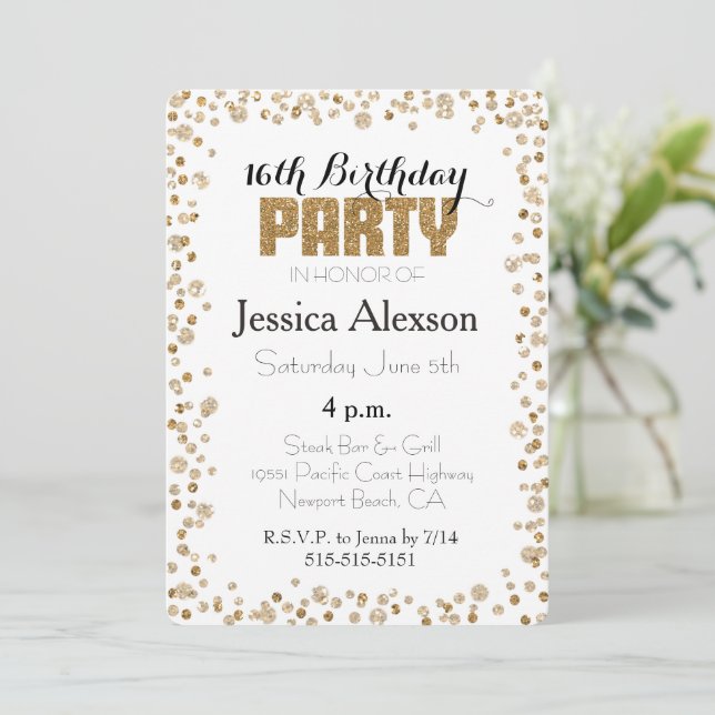 Gold Confetti Glitter 16th Birthday Invitation (Standing Front)