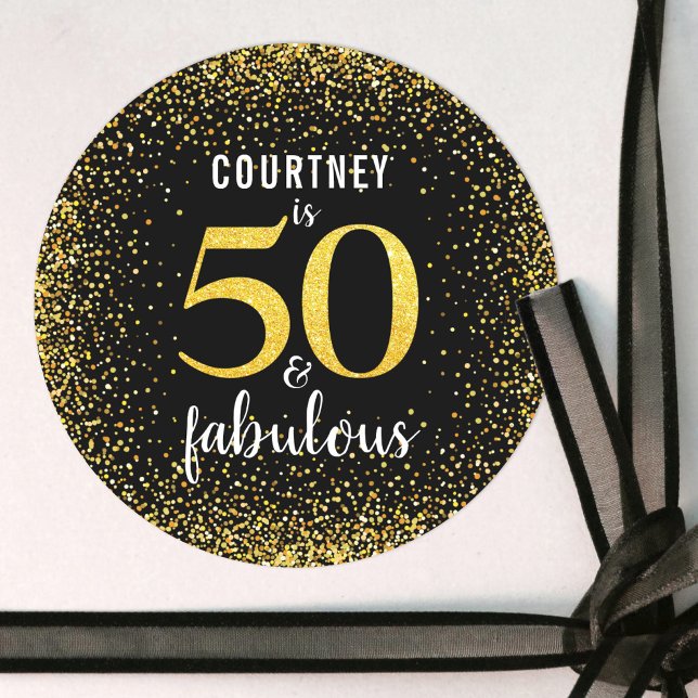 Gold confetti glitter 50 and fabulous script chic classic round sticker (Creator Uploaded)
