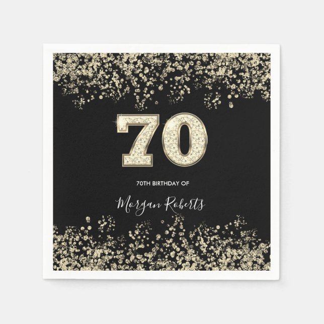 Gold Confetti Glitter Black 70th Birthday Party Napkin (Front)