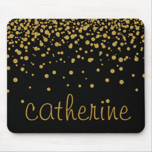 Gold Confetti Glitter Black Faux Foil Glittery Mouse Mat