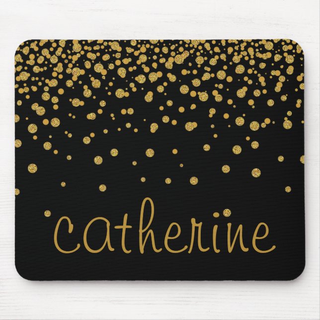Gold Confetti Glitter Black Faux Foil Glittery Mouse Mat (Front)