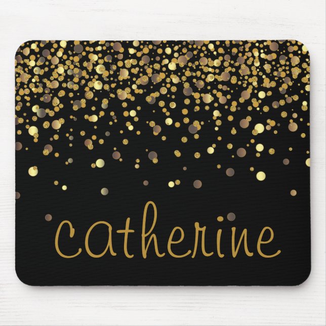 Gold Confetti Glitter Black Faux Foil Glittery Mouse Mat (Front)