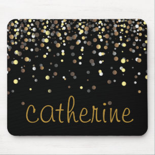 Gold Confetti Glitter Black Faux Foil Glittery Mouse Mat