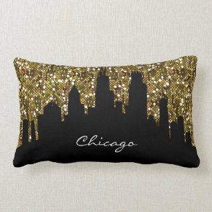 Gold Confetti Glitter Chicago Skyline Landmark Lumbar Cushion