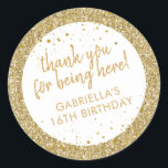 Gold Confetti Glitter Thank You Birthday Favour Classic Round Sticker<br><div class="desc">Gold Glitter and Confetti sparkly personalised thank you favour stickers for a fun and girly birthday party. The text is editable making them perfect for a little girl's 1st 5th, or 8th birthday, or a big girl's 13th 15th sweet 16th, 18th or 21st birthday or graduation. The "thank you for...</div>