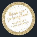 Gold Confetti Glitter Thank You Birthday Favour Classic Round Sticker<br><div class="desc">Gold Glitter and Confetti sparkly personalised thank you favour stickers for a fun and girly birthday party. The text is editable making them perfect for a little girl's 1st 5th, or 8th birthday, or a big girl's 13th 15th sweet 16th, 18th or 21st birthday or graduation. The "thank you for...</div>
