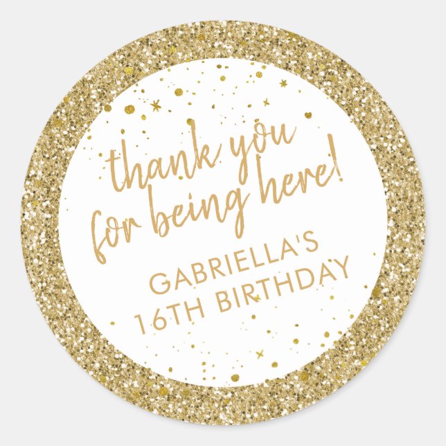 Gold Confetti Glitter Thank You Birthday Favour Classic Round Sticker (Front)