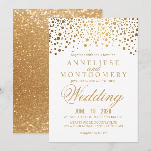 Gold Confetti & Glitter & White Wedding Invitation (Front/Back)
