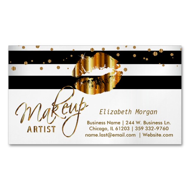 Gold Confetti & Gold Lips - Makeup Artist Magnetic Business Card (Front)