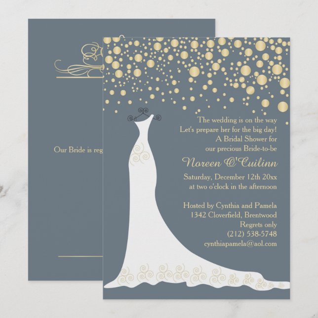 Gold confetti, gown on grey blue Bridal Shower Invitation (Front/Back)