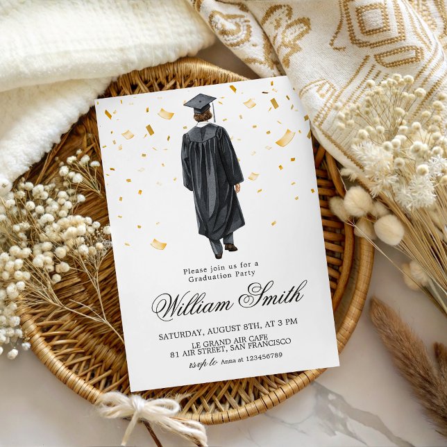 Gold Confetti Grad Boy Illustration Invite (Creator Uploaded)