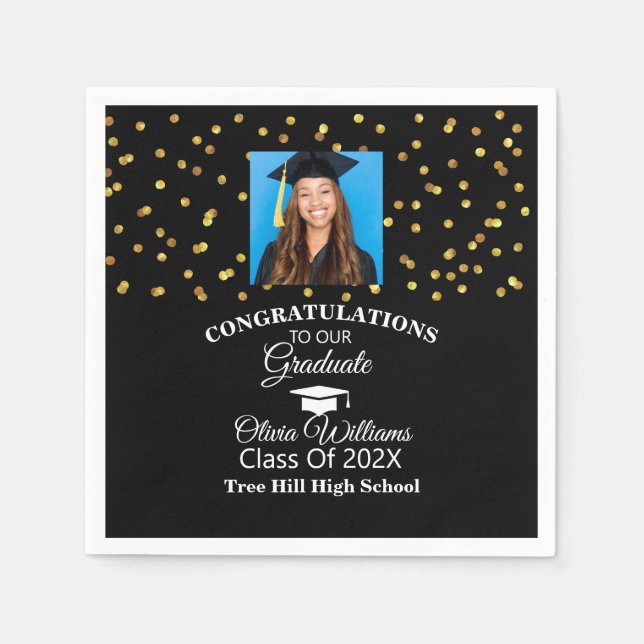 Gold Confetti Graduate Photo Graduation Party Napkin (Front)