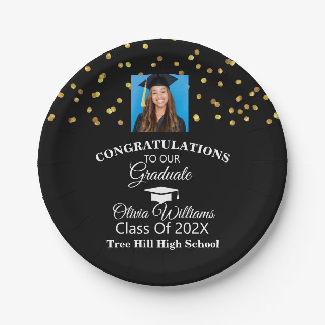 Gold Confetti Graduate Photo Graduation Party Paper Plate (Front)