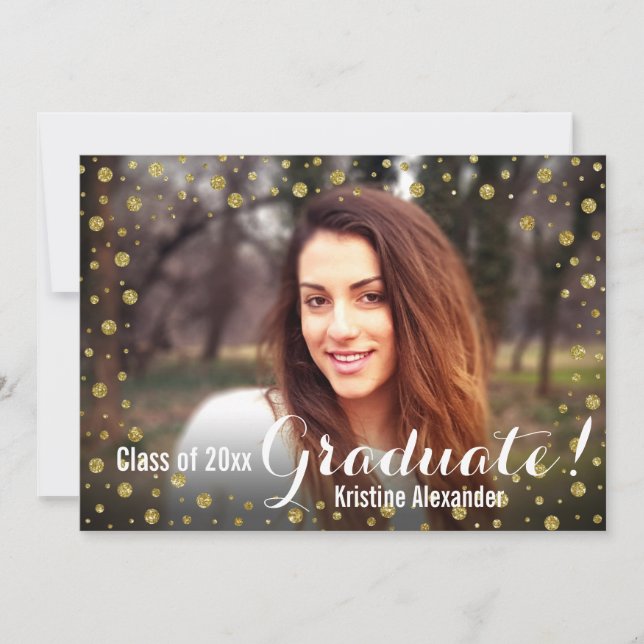 Gold Confetti Graduation Announcement Photo Card (Front)