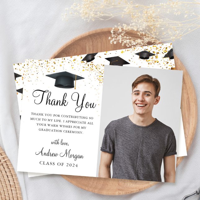 Gold confetti Graduation Caps Graduate Photo Thank You Card (Creator Uploaded)