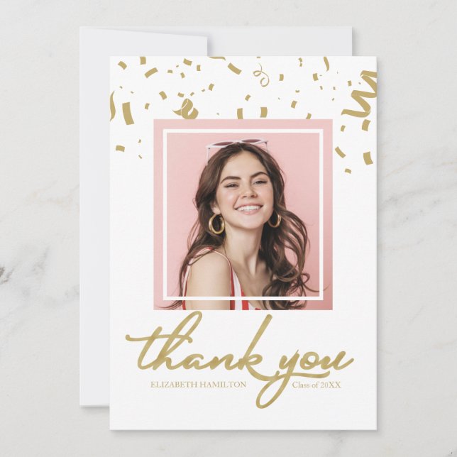 Gold Confetti Graduation Photo Thank You (Front)