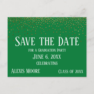 Gold Confetti Green Graduation Save the Date Postcard