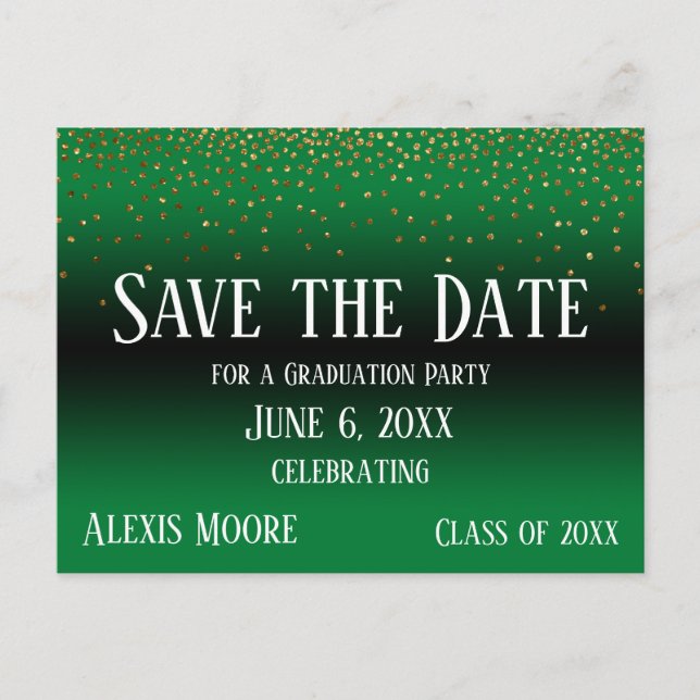 Gold Confetti Green Graduation Save the Date Postcard (Front)
