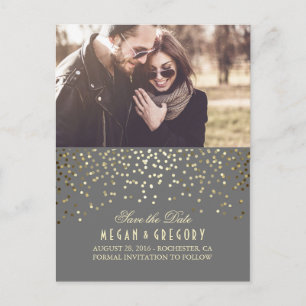 Gold Confetti Grey Elegant Photo Save the Date Announcement Postcard