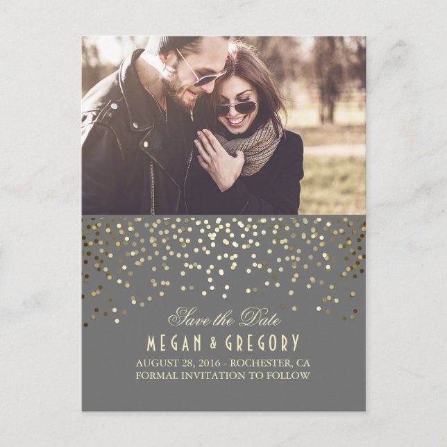 Gold Confetti Grey Elegant Photo Save the Date Announcement Postcard (Front)