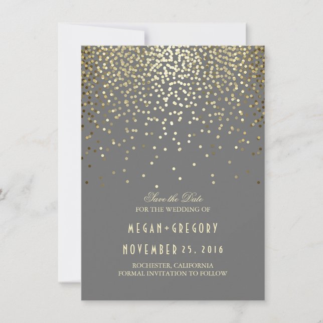 Gold Confetti Grey Elegant Save the Date (Front)