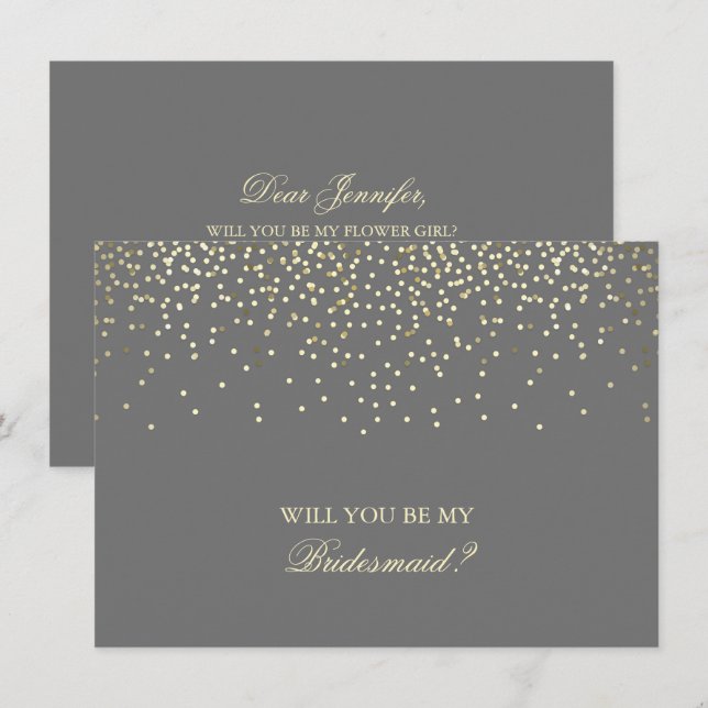 Gold Confetti Grey Wedding Bridesmaid Invitation (Front/Back)