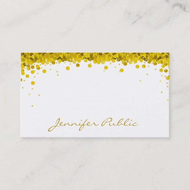 Gold Confetti Hand Script Text Elegant Template Business Card (Front)