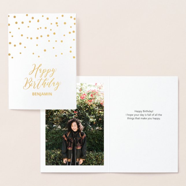 Gold Confetti Happy Birthday Photo Foil Card (Display)