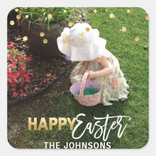 Gold Confetti HAPPY EASTER   Add PHOTO Square Sticker