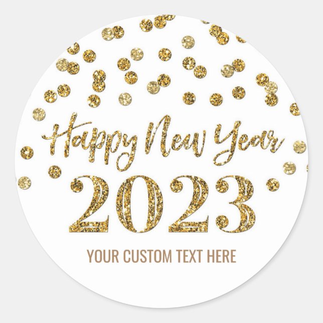 Gold Confetti Happy New Year 2023 Classic Round Sticker (Front)