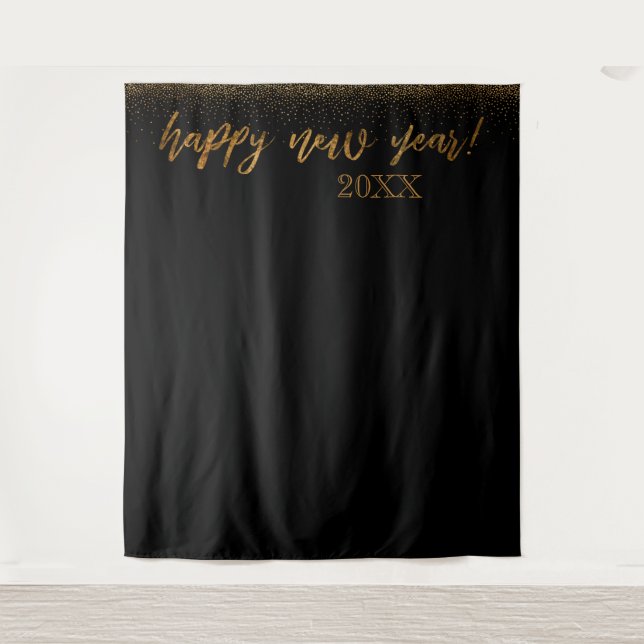 Gold Confetti Happy New Year! Black Backdrop Tapestry (Front)