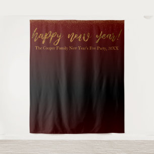 Gold Confetti Happy New Year! Black & Red Backdrop Tapestry